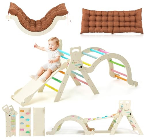 Climbing Frame Indoor Montessori, Upgrade Kids Wooden Climbing Frame for toddlers age for Toddlers Age 1 2 3 4 5+, with Slide Ramp Triangle Climber Arch Cushion, Toddler Kid Gym - Medium (Rainbow)