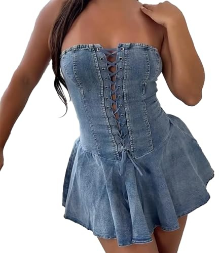 Ypser Sexy Tube Denim Dress Corset Strapless Ruffled Hem Jean Mini Dress Light Blue