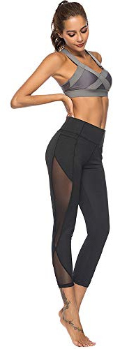 Sport Leggings Damen Leggins 7/8 Damen, Yogahose Lang Schwarz Yoga Hose mit Mesh Einfarbig Fitness Hosen Tights Sportleggings Gym Blickdicht Legging Scrunch Wunderhose