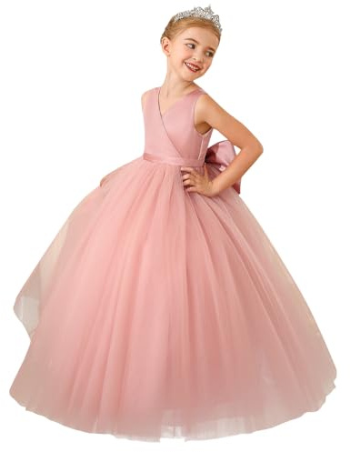 Abaowedding Robe festive de demoiselle d'honneur, tulle, col en V, grand nœud, robe de bal pour fille, Rose, 4-5 ans