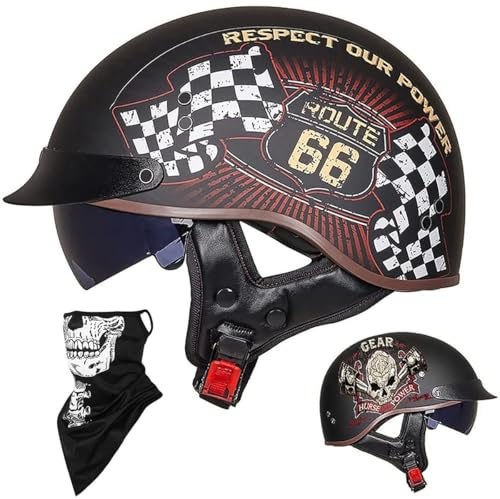 Öppen Ansiktshjälm Halv Motorcykelhjälm Vintage Cruiser Chopper Scooter Pilot ECE-certifierad Retro Motorcykel Vuxen Crash Mopedhjälm Med Solskydd For Män Och Kvinnor(B,L=(59~60cm))