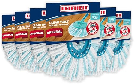 Leifheit Ersatzkopf CLEAN TWIST Disc Mop Ergo, Micro Duo, 6er Set | 2-Fasersystem mit Mikrofasern und Spezialborsten, extra saugfähig, bei 60 °C waschbar, für gründliche Bodenreinigung