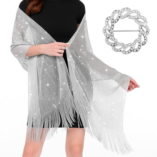 FdcZeyxior Stola für Abendkleid, Stola Silber Funkelnde Metallische Tücher Und Wickel Festliche für Die Abendparty Formale Kleider Hochzeit Brautjungfer mit Kostenloser Schalschnalle, Silber