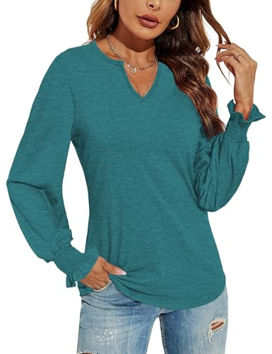 DUOEASE Magliette Donna Manica Lunga Leggero Scollo a V Camicia Maniche a Sbuffo Elegante Casual Top Sexy