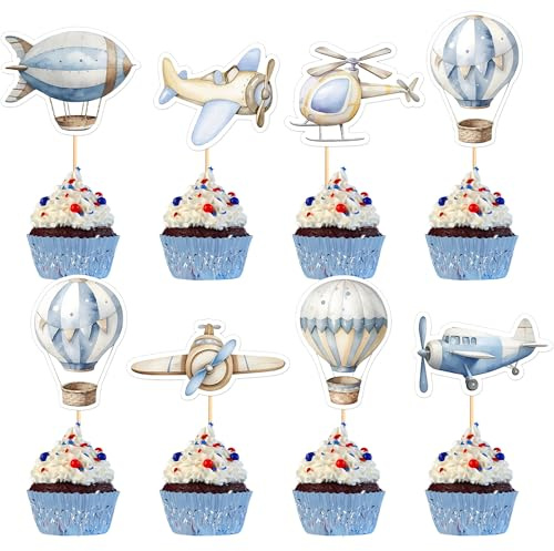 Blumomon 28pcs Airplane Plane Cupcake Toppers Hot Air Balloon Cupcake Decoration Baby Shower Kids Birthday Party Decoration Picks for Airplane Themed Party Supplies