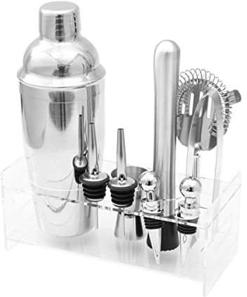 Holibanna 12 pièces Set Shaker à Cocktail Acier Inoxydable avec Base Acrylique Outils de Bar pour Martini Cuillère de Pince à Glace Kit Complet pour Bartenders et