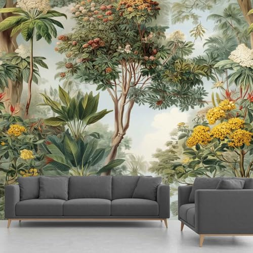 Générique Papier Peint Panoramique Forêt, Papier Peint Arbre Jungle Floral Botanique, Fresque Murale Intissée – Décoration Murale Pour Salon, Chambre, Bureau – 400 x 255 cm(non adhésif)