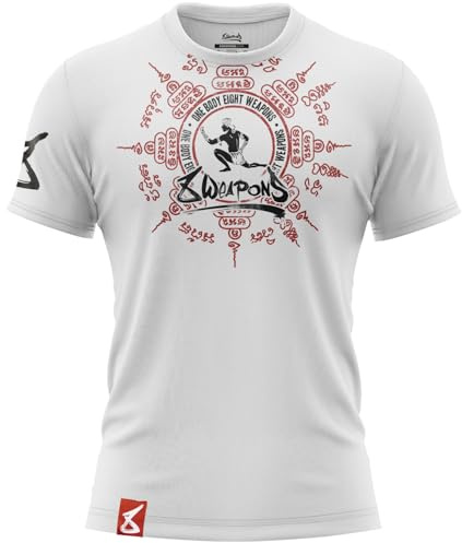 8 WEAPONS T-Shirt Eight Ways Yant, Weiß, Muay Thai T-Shirt für Sport und Freizeit, 100% Baumwolle, Langlebig, Shirt für Fitness, MMA, K1, Boxen, Thai Boxen und Kickboxen