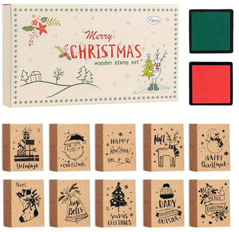 10pcs Weihnachten Stempel Holz, Weihnachtsstempel Holzstempel | Holzstempelset mit Stempelkissen, 10 Christmas Patterns, DIY Kartenherstellung Scrapbooking