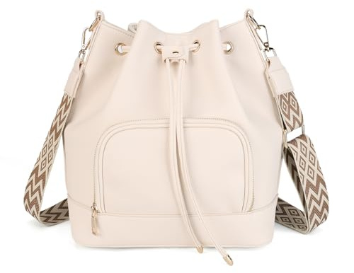 Gladdon Damen Umhängetasche Bucket Bag mit Kordelzug – große Schultertasche mit Vordertasche, verstellbarem Gurt – elegant & praktisch für Alltag, Arbeit und Reisen – Schwarz/Braun/Beige