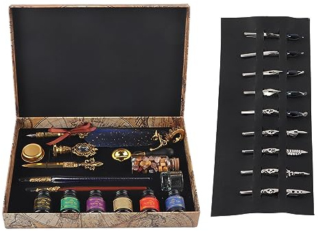 OVAQUIXI Set da Scrittura Calligrafico Vintage, 3 Penne a Immersione con Design in Vetro, Legno e Piume, 18 Pennini, Kit Sigillo di Cera, Tagliacarte, Set di Inchiostri (#2)