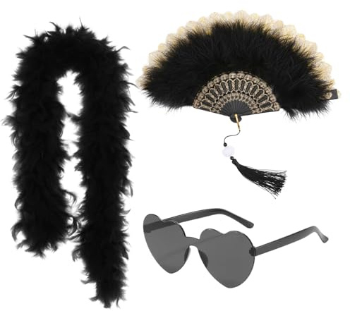 Federboa Schwarz, 3-teiliges Set mit Federfächer und Brille, Vintage Kostümzubehör für Damen, 2 m Federboa, 23 cm Fächer, perfekt für Partys, Cosplay und Bühnenauftritte ﻿
