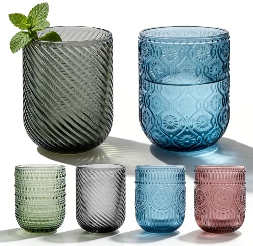PORFOYO 4 Teilig Trinkgläser Set Bunt, Gläser Set Bunte, Farbig Wassergläser, 250ml, Spülmaschinenfest, Modern Wasserglas Saftgläser Für Wasser, Drink, Saft, Party, Garten, Grün, Blau, Grau, Rosa