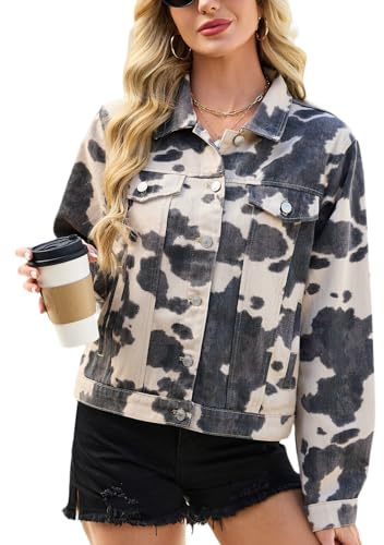 D-Sun Denim Jacket Women Oversized Jean Jackets Animal Print Casual Long Sleeve Western Coat Trendy Outwear
