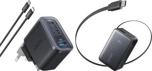 Anker Nano Power Bank (10000 mAh, 45W, Cavo Retrattile) & Anker Caricatore USB C (70W, 3 Porte)