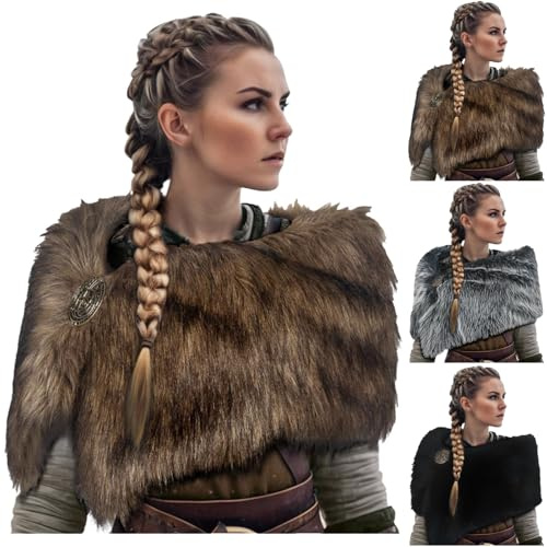 Disfraz vikingo para mujer, cuello de piel sintética, ropa vikinga, bufanda de piel vikinga, capa medieval, disfraz medieval, accesorio para carnaval, cosplay, fiesta temática 2026, dorado, talla