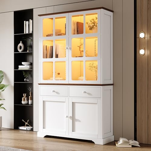 BTM 120x36.5x200cm Vitrine, Standvitrine 2 Schubladen 4 Schranktüren, Hochschrank, Glasvitrine LED, Wohnzimmerschrank 120 cm breit, Multifunktionsschrank, Großer Schrank, Weiß
