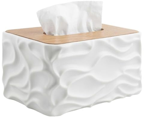 Rechteckige Tücherbox mit Holzdeckel – 21x13x10.4cm | Wasserdichte Kunststoff Tissue Box, Multifunktionaler Taschentuchspender für Bad, Wohnzimmer, Büro & Home Deco – Weiß