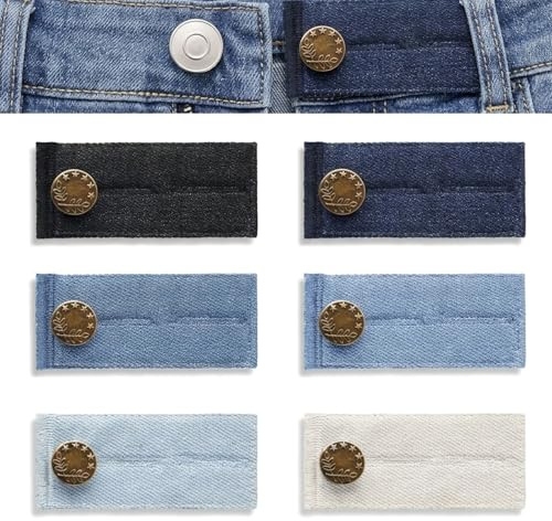 KUTKE 6Pcs Adjustable Jeans Button Waist Extenders, 6 Colours | Reusable no-sew expanders add 1–2 inches at the waist; suitable for jeans, trousers and skirts for women and men