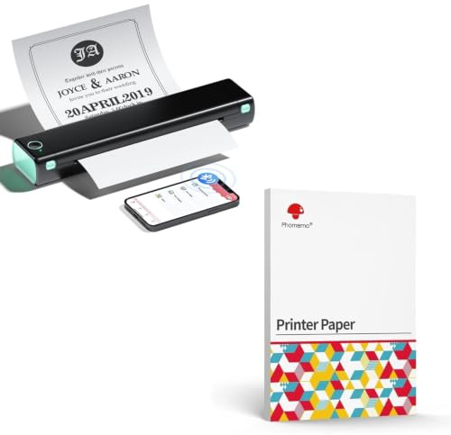 Phomemo M08F Tragbarer Drucker Schwarz Grün mit 200 Blatt Schnell Trocknendem A4 Thermopapier, kabelloser Bluetooth-Mobildrucker für Reisen, Auto, Büro & Zuhause, Tintenloser Druck