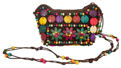 Bunte Hippie Blumen Handtasche mit Perlen - 17 x 12 cm - Umhängetasche zum Retro 60er 70er Jahre Outfit
