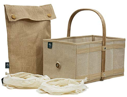 Achilles Einkaufskorb aus Holz mit Obst- und Gemüsenetz, Klappbarer Picknick-Korb, 40x24x20 cm (Natur, Beige)