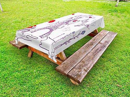 ABAKUHAUS Tour Eiffel Nappe Extérieure, Doodle Paris Romantique, Nappe de Table de Pique-Nique Lavable et Décorative, 145 cm x 305 cm, Lilas Rouge Bleu pâle