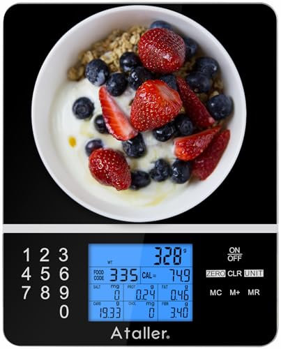 Ataller Food Scale with Nutritional Calculator, Kitchen Diet Scale, Digital Food Calorie Counting Scale for Meal Prep, Kitchen, Baking, Weight Loss, Resolution 1g, Max 5kg 11Ib, Tempered Glass, Black