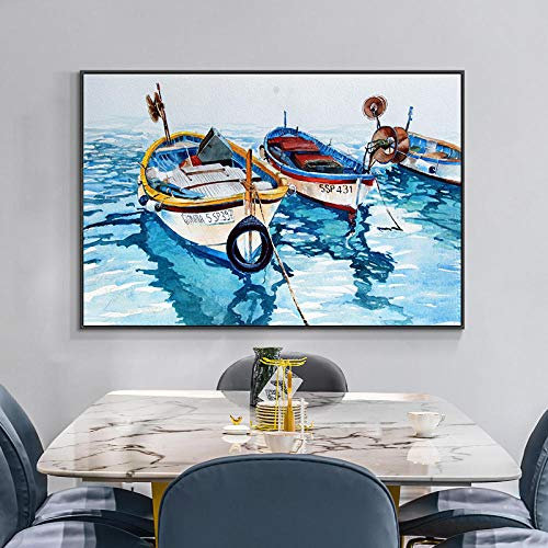 Artwork Posters Prints,Bilder,Boot Auf Dem Blauen Meer Ölgemälde Seestück Wandkunst Leinwand Malerei Plakate, Nordoc Bild Für Wohnzimmer Dekor, Plakate Und Drucke Landschaft_60X80Cm