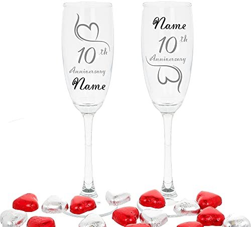 Always Looking Good Personalised Engraved 10th Wedding Anniversary Set of 2 Champagne Flute Glasses Tin Wedding Engraved Glasses Chocolate Hearts Engraved Champagne Flute (Empty Glasses)