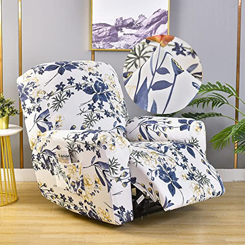 Highdi Stretchhusse für Relaxsessel Komplett Sesselschoner Blumen Bedruckter Sesselbezug 4-teilige Stretch Relaxsessel Bezüge für Fernsehsessel, Recliner Sesse, Schaukelstuhl (Blaue Blumenrebe)