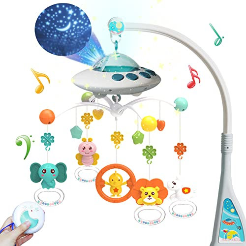 eners Baby Mobile Babybett mit Musik und Lichtern, Bett Mobile Baby Mädchen Junge mit Fernbedienung, Spieluhr Baby Mobile für Bett，Stern und Mond Projektion, Baby Spielzeug 0 3 6 9 12 Monate (Blau)