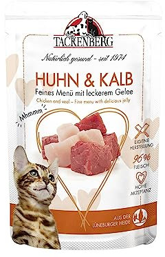 TACKENBERG Katzenfutter Huhn und Kalb, Nassfutter für Katzen - 12 x 85 g - Hochwertiges Katzennassfutter für eine ausgewogene Ernährung in Premiumqualität - ohne Zuckerzusatz, 12 x 85 g