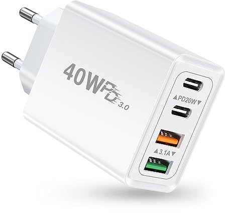 Chargeur USB C, Tout Le 40W Chargeur Rapide Type C PD 3.0, Prise USB C 4 Port Compatible avec iPhone 12 13 14 15 Pro Max XR 8, Samsung Galaxy S23,S22,Note 10 9, Moto, LG