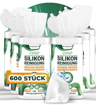 6x 100 Wipes CPAP Reiniger Tücher Mapeau, Reinigungstuch für Silikon, Soft-Touch Gummi, Feuchttücher in Dose für Masken (6)
