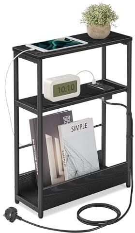 VASAGLE Slim Side Table with Charging Station, 3-Tier Narrow Bedside Table, End Table for Small Spaces, Magazine Rack, for Living Room, Bedroom, Study, Ebony Black and Ink Black LET335B03