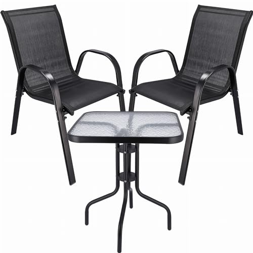 JUMI Praktischer Gartentisch Fiesta - 60 x 70 x 60 cm, Rechteckig Balkontisch Klappbar Mit Zwei Gartenstühlen, Glasplatte, Metallbeine, UV-beständiges Material - Schwarzer Tisch, Schwarze Stühle