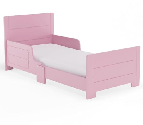 URBNLIVING Classic Wooden Toddler Kids Bed with Safety Side Guard Rail for Girls and Boys, Perfect for Junior Bedrooms Timeless Charm and Safety Combined (Pink)