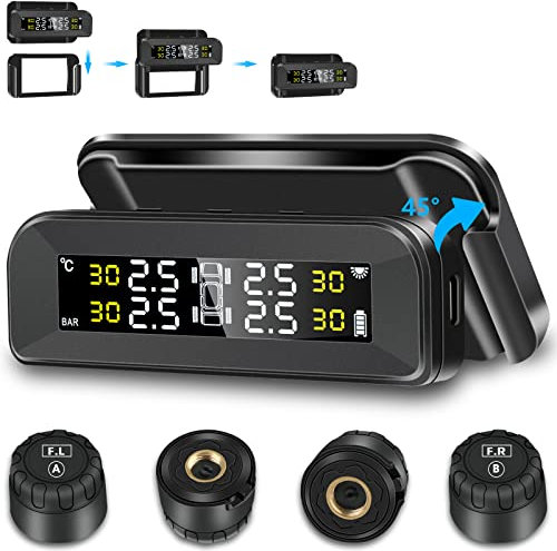 Vtopek Tyre Pressure Monitoring System TPMS Solar Wireless Car Tyre Pressure Monitor System with Removable Bracket with 4 External Sensors Real-time Temperature Pressure 1.5-6bar Tire Tpms for Car SUV