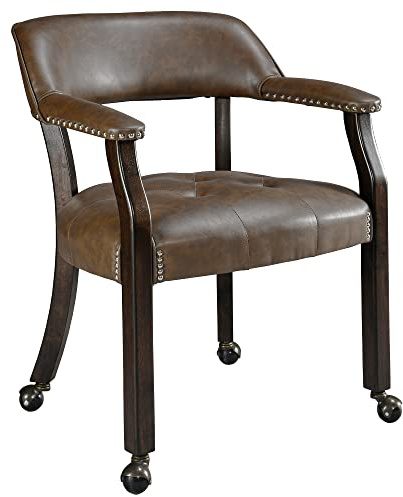 MODERION Große Esszimmerstühle mit Rädern und Armlehne, Chefsessel mit Massivholzbein, Schreibtischstühle mit Knopfpolsterung, klassischer Freizeitdrehstuhl, 80cm H, Bein braun (Braun)
