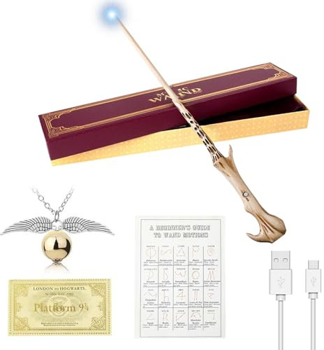 FGJCJ Voldemort Zauberstab, 37CM Zauberstab Voldemort mit Licht, USB Aufladung Zauberstab Voldemort Glühen, Voldemort Zauberstab in Geschenkbox mit Zauberspruch-Karte, Stationsticket und Halskette