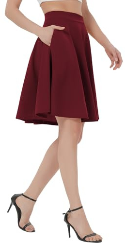 Soudittur Plisseerock Damen Basic Solid Midi-Rock Elegant Faltenrock Elastisch Hohe Taille Plisseerock Knielang Skater Rock mit Reißverschlusstasche