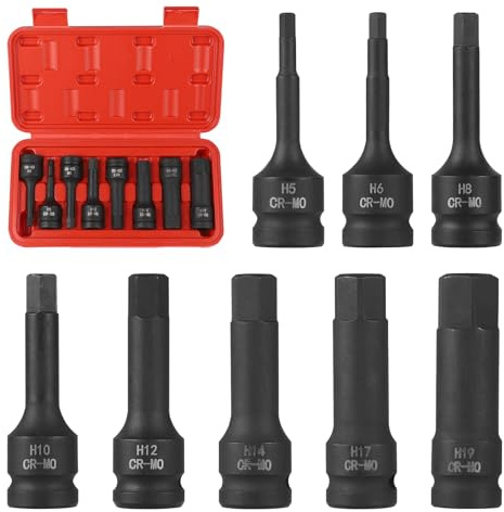 EFUTURETIME 8 Pz. Set Bussole Esagonali 1/2, H5, H6, H8, H10, H12, H14, H17, H19, Bussole Esagonali Maschio con Scatola, Cr-Mo, per Viti ad Esagono Incassato