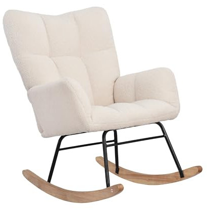 Wnvivi Skandinavischer Schaukelstuhl, gepolsterter Stillstuhl, getufteter Entspannungssessel aus Kunstkaschmir für Wohnzimmer, Schlafzimmer (Beige-A)