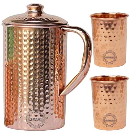 Pure Copper Pitcher with 2 Tumbler for Ayurvedic Health Benefits 1.5 Liter Handcrafted Hammered Copper Water Jug with 2 Cup