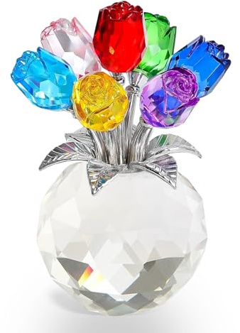 Bunte Rose Blume Kristall Figur mit Vase, 12cm große Rosenfigur aus Kristall, Romantisches Geschenk für Sie/Frau/Mutter/Frauen