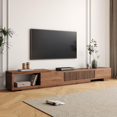 Meuble TV Style Mid-Century Modern pour téléviseurs 80+ Pouces - Lowboard TV Extensible avec Rangement (de 198 cm à 262 cm), Centre de Divertissement en Finition Noyer pour Salon ou Chambre à Coucher