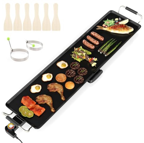 COSTWAY Electric Teppanyaki Table Grill, 1800W BBQ Griddle with Adjustable Temperature, Nonstick Surface, Drip Tray, 6 Wooden Spatulas & 2 Egg Rings (105 x 24cm, Stamping Aluminum)