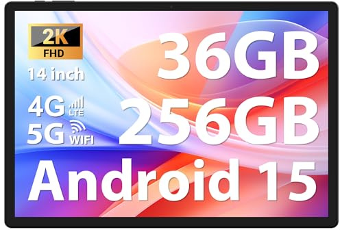FASTWD Tablet 14 Pollici 2K Android 15 Tablet Octa-Core 2.0Ghz,36GB RAM+256GB ROM/2TB,20W/11580mAh,Foto AI 13MP+8MP,2000 * 1200 incell FHD+,Face Unlock/GPS/BT 5.0/TÜV/USB-C,Grigio