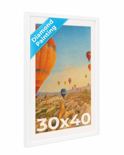 PHOTOLINI Bilderrahmen 30x40 Diamond Painting Rahmen, Weiß, Bilderrahmen für Diamond Painting 40x30 mit passendem Passepartout, Rahmen 30 x 40 mit bruchsicherem Acrylglas zum Aufhängen